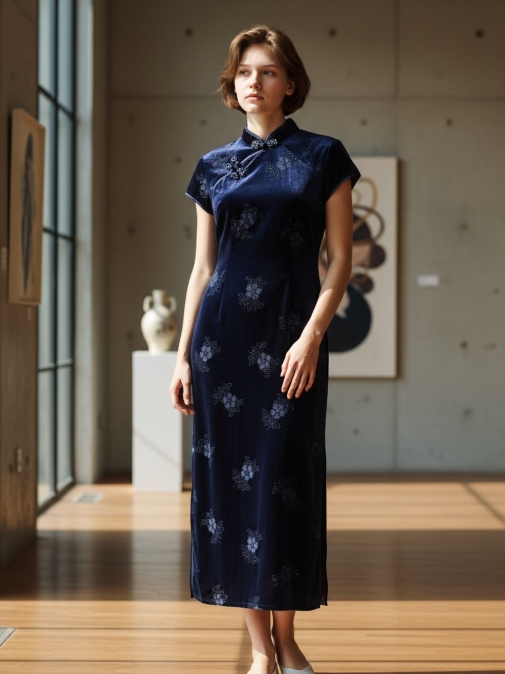 S.L. Fashions Black Velvet Floral Gown